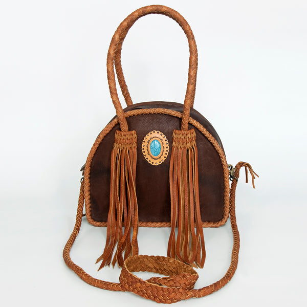 ADBGD162 American Darling Western Leather Tote Bag - Handcrafted Fringed Braided Turquoise Purse