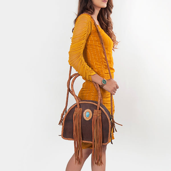 ADBGD162 American Darling Western Leather Tote Bag - Handcrafted Fringed Braided Turquoise Purse