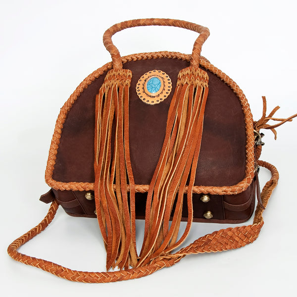 ADBGD162 American Darling Western Leather Tote Bag - Handcrafted Fringed Braided Turquoise Purse