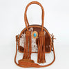 LC-ADBGD162B Round Hair-On Cowhide Leather Western Tote Bag with Turquoise Concho & Braided Fringe