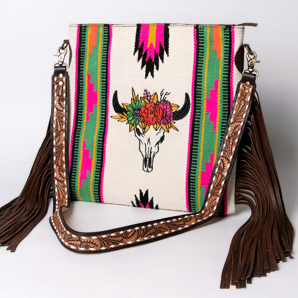 ADBGA262 American Darling Large Saddle Blanket Crossbody Bag - Tooled Leather Fringe