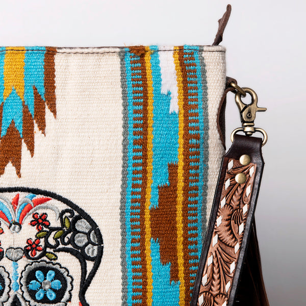 ADBGA263 American Darling Southwestern Woven Fringed Tooled Leather Crossbody Bag