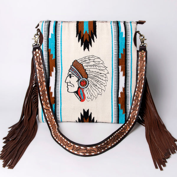 ADBGA264 American Darling Textured Crossbody Bag with Side Fringe and Tooled Leather
