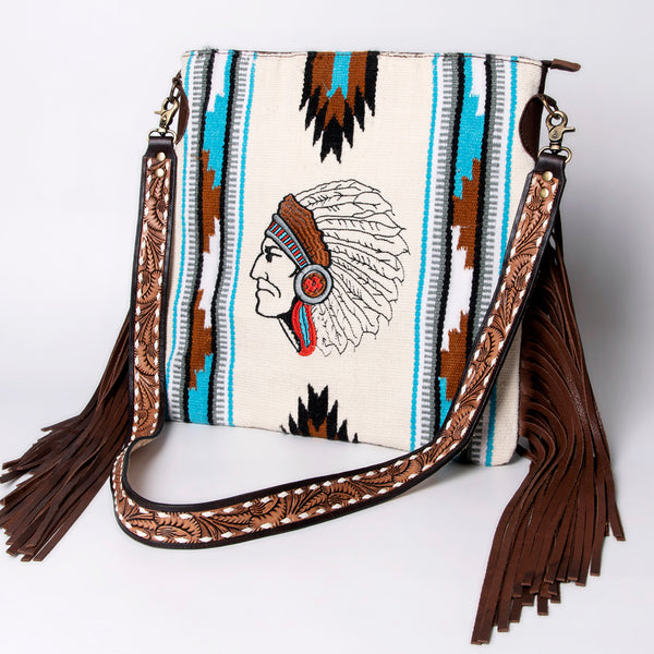 ADBGA264 American Darling Textured Crossbody Bag with Side Fringe and Tooled Leather