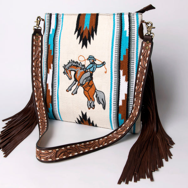 ADBGA264 American Darling Textured Crossbody Bag with Side Fringe and Tooled Leather