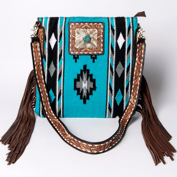 ADBGA269 American Darling Aztec Pattern Woven Tooled Leather Fringed Crossbody