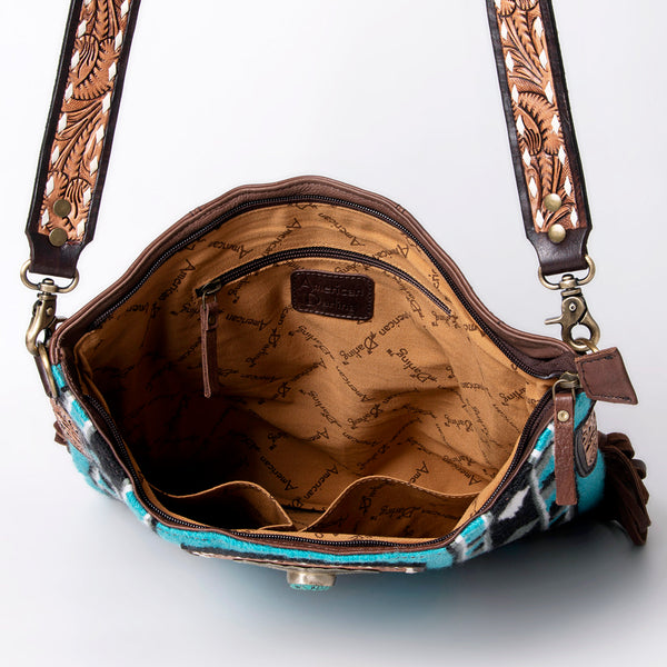 ADBGA269 American Darling Aztec Pattern Woven Tooled Leather Fringed Crossbody