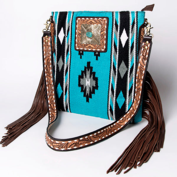 ADBGA269 American Darling Aztec Pattern Woven Tooled Leather Fringed Crossbody