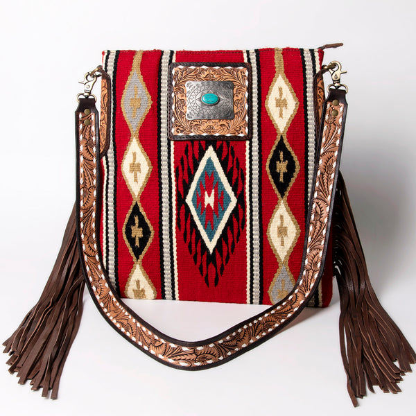 ADBGA269 American Darling Aztec Pattern Woven Tooled Leather Fringed Crossbody