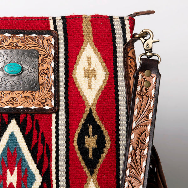 ADBGA269 American Darling Aztec Pattern Woven Tooled Leather Fringed Crossbody