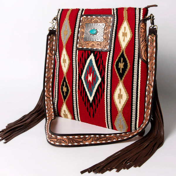 ADBGA269 American Darling Aztec Pattern Woven Tooled Leather Fringed Crossbody
