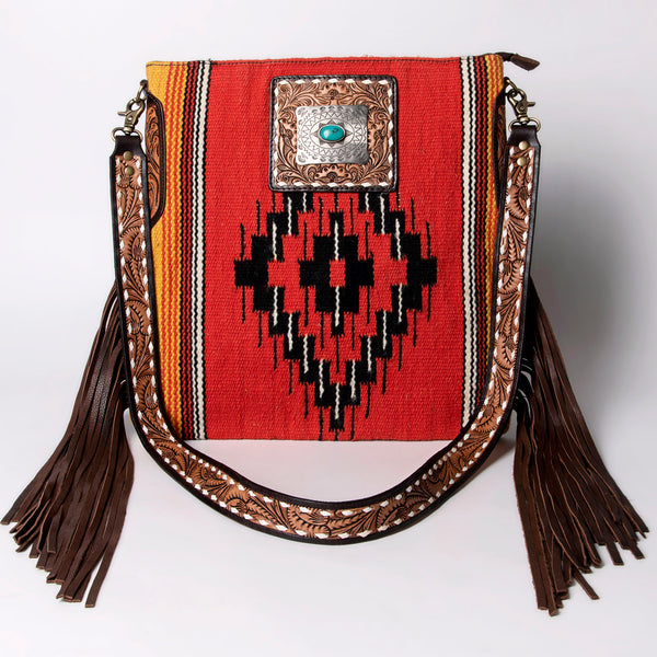 ADBGA269 American Darling Aztec Pattern Woven Tooled Leather Fringed Crossbody