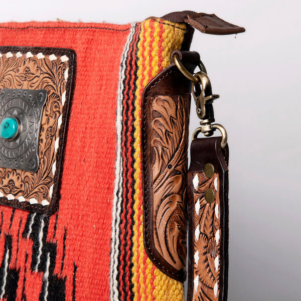 ADBGA269 American Darling Aztec Pattern Woven Tooled Leather Fringed Crossbody