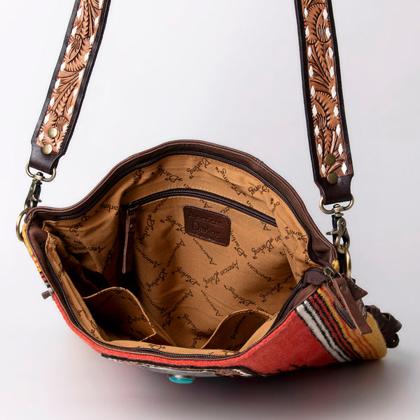 ADBGA269 American Darling Aztec Pattern Woven Tooled Leather Fringed Crossbody