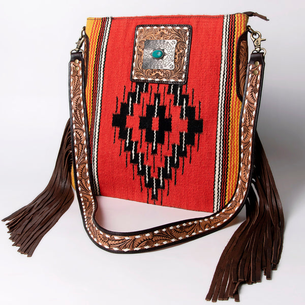 ADBGA269 American Darling Aztec Pattern Woven Tooled Leather Fringed Crossbody