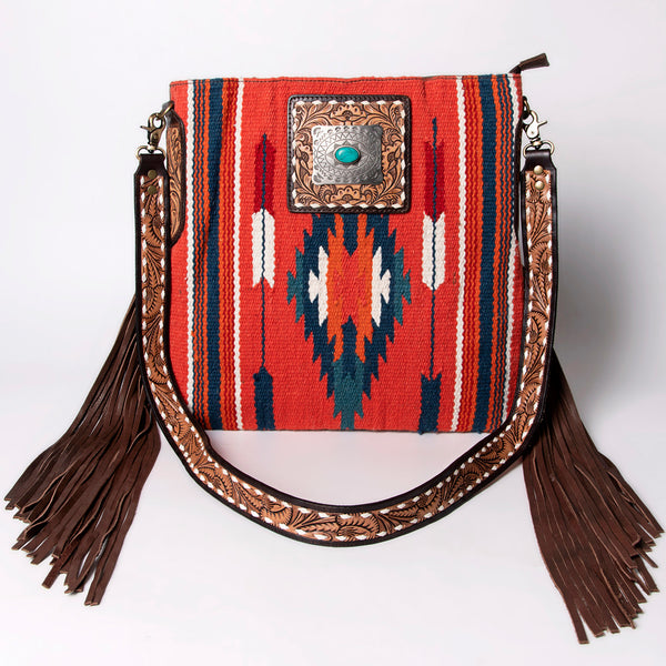 ADBGA269 American Darling Aztec Pattern Woven Tooled Leather Fringed Crossbody