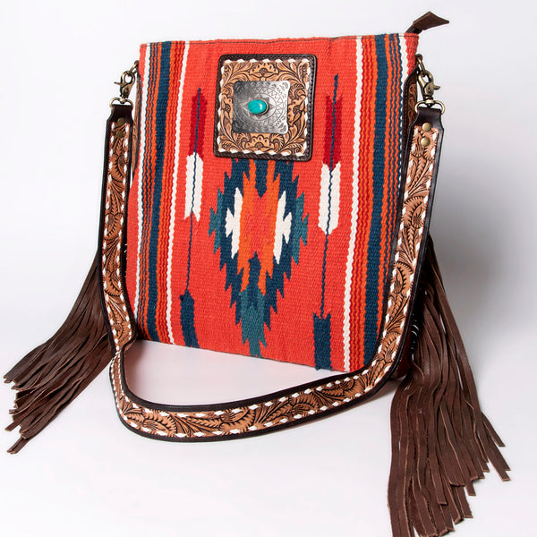 ADBGA269 American Darling Aztec Pattern Woven Tooled Leather Fringed Crossbody