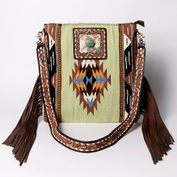 ADBGA269 American Darling Aztec Pattern Woven Tooled Leather Fringed Crossbody