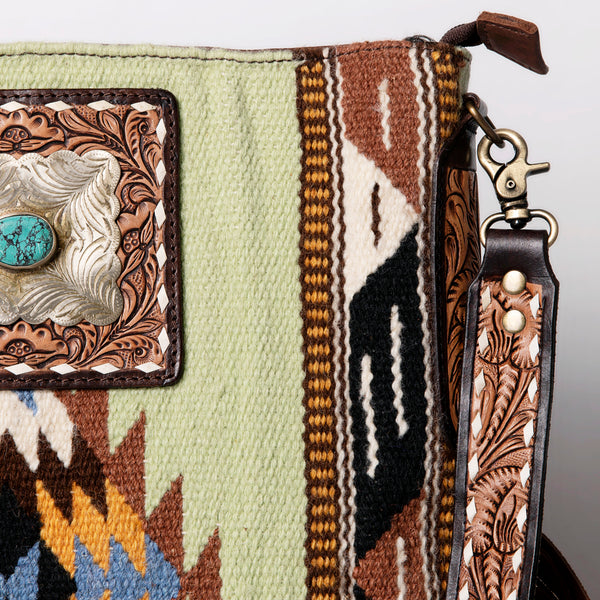 ADBGA269 American Darling Aztec Pattern Woven Tooled Leather Fringed Crossbody