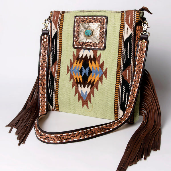 ADBGA269 American Darling Aztec Pattern Woven Tooled Leather Fringed Crossbody