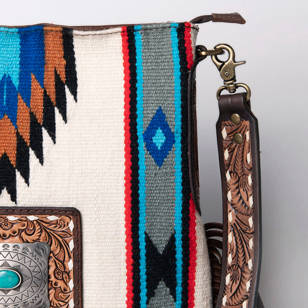 ADBGA270 American Darling Carved Leather and Woven Saddle Blanket Fringed Crossbody