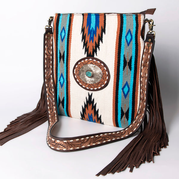 ADBGA273A American Darling Western Woven Fringed Tooled Leather Crossbody Messenger