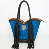 ADBGD175 American Darling Western Leather Tote Bag - Hair-On Cowhide & Fringed Turquoise Purse