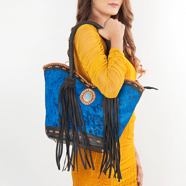 ADBGD175 American Darling Western Leather Tote Bag - Hair-On Cowhide & Fringed Turquoise Purse