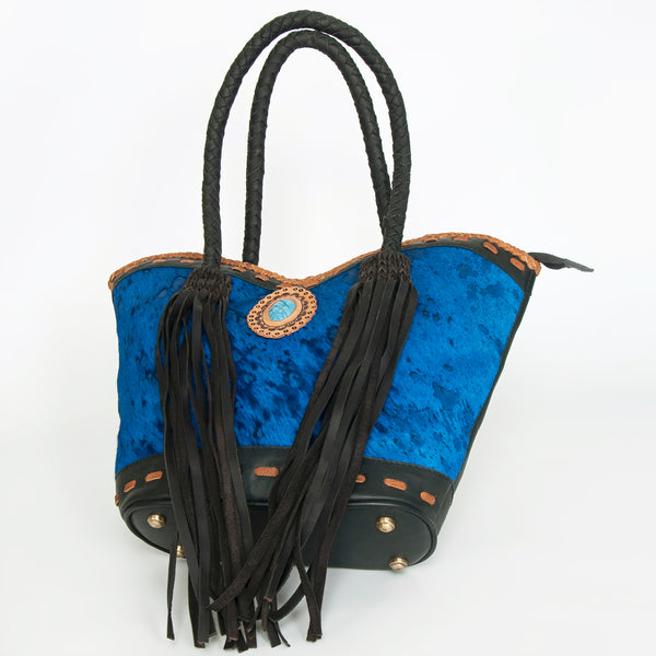 ADBGD175 American Darling Western Leather Tote Bag - Hair-On Cowhide & Fringed Turquoise Purse