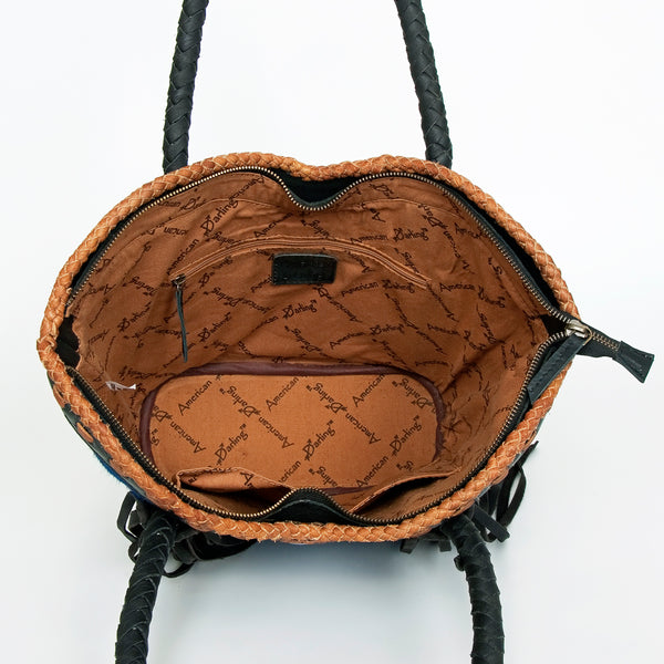 ADBGD175 American Darling Western Leather Tote Bag - Hair-On Cowhide & Fringed Turquoise Purse
