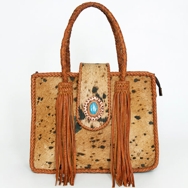 ADBGD176 American Darling Western Leather Tote Bag - Hair-On Cowhide Fringed Purse with Turquoise