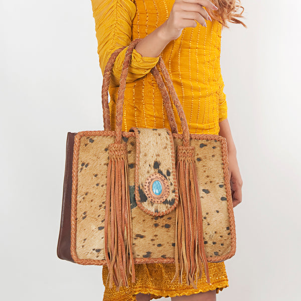 ADBGD176 American Darling Western Leather Tote Bag - Hair-On Cowhide Fringed Purse with Turquoise