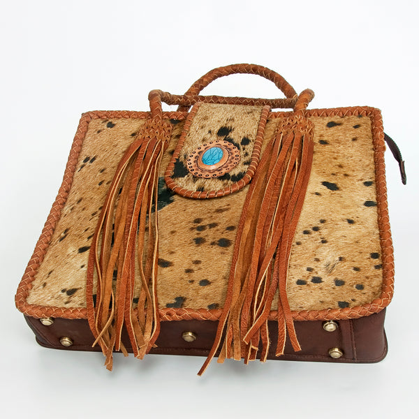 ADBGD176 American Darling Western Leather Tote Bag - Hair-On Cowhide Fringed Purse with Turquoise