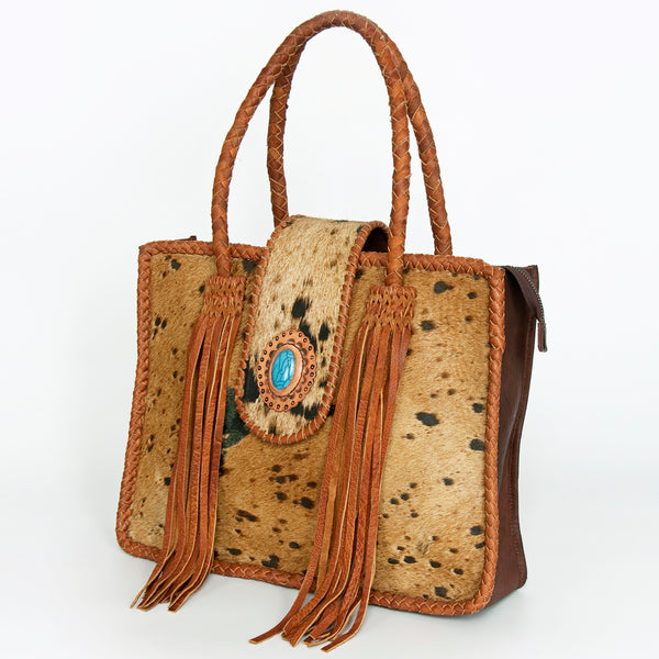 ADBGD176 American Darling Western Leather Tote Bag - Hair-On Cowhide Fringed Purse with Turquoise