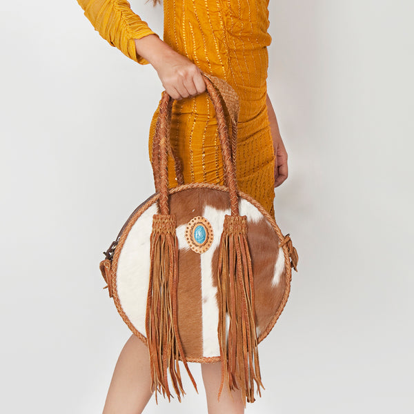ADBGD179 American Darling Western Leather Canteen Bag - Handcrafted Hair-On Cowhide Fringed Purse