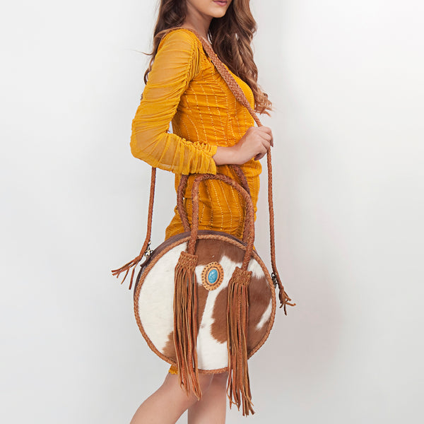ADBGD179 American Darling Western Leather Canteen Bag - Handcrafted Hair-On Cowhide Fringed Purse