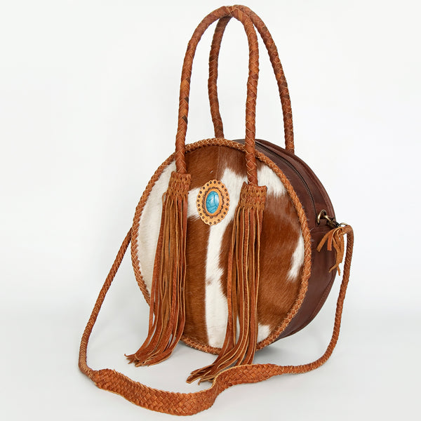 ADBGD179 American Darling Western Leather Canteen Bag - Handcrafted Hair-On Cowhide Fringed Purse