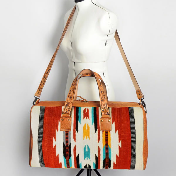 ADBG870 American Darling Hand Tooled Leather & Woven Saddle Blanket Western Duffel Bag
