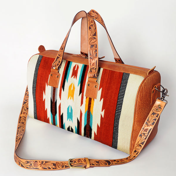 ADBG870 American Darling Hand Tooled Leather & Woven Saddle Blanket Western Duffel Bag