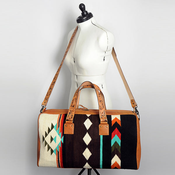 ADBG870 American Darling Hand Tooled Leather & Woven Saddle Blanket Western Duffel Bag