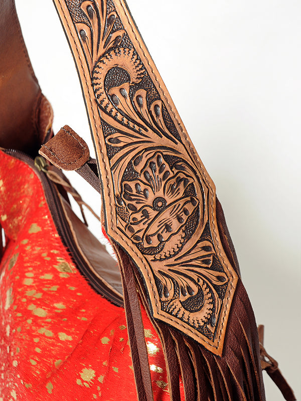 ADBG803 American Darling Western Leather Hobo Bag - Hand Tooled Cowhide & Fringe Purse