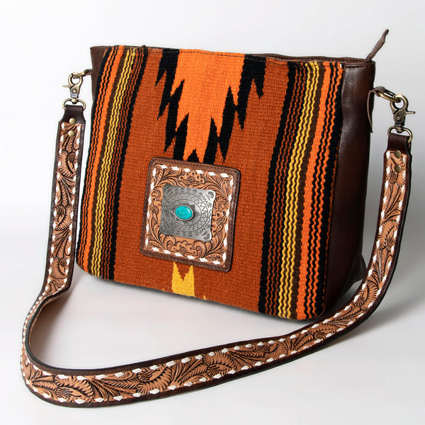 ADBGA288 American Darling Hand Tooled Leather & Saddle Blanket Large Cross body Bag
