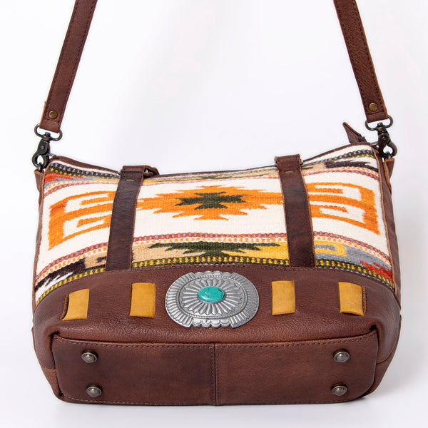 ADBG879 American Darling Western Leather Tote Bag with Turquoise Concho and Hand Woven Saddle Blanket