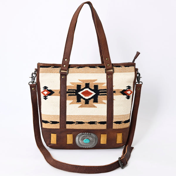 ADBG879 American Darling Western Leather Tote Bag with Turquoise Concho and Hand Woven Saddle Blanket