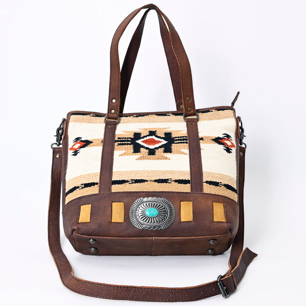 ADBG879 American Darling Western Leather Tote Bag with Turquoise Concho and Hand Woven Saddle Blanket