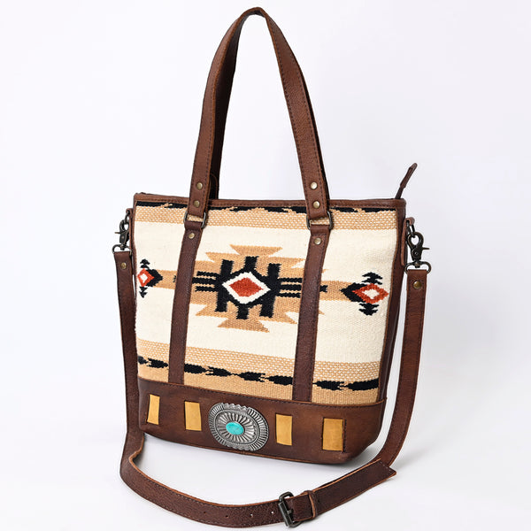 ADBG879 American Darling Western Leather Tote Bag with Turquoise Concho and Hand Woven Saddle Blanket