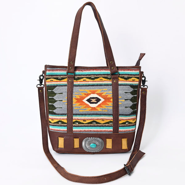 ADBG879 American Darling Western Leather Tote Bag with Turquoise Concho and Hand Woven Saddle Blanket