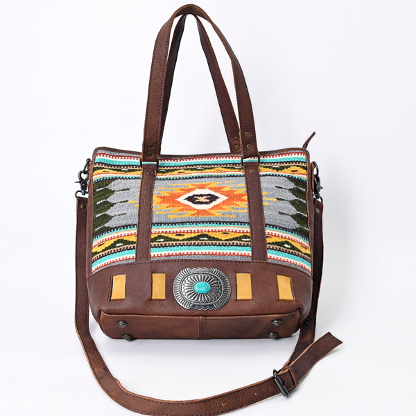 ADBG879 American Darling Western Leather Tote Bag with Turquoise Concho and Hand Woven Saddle Blanket