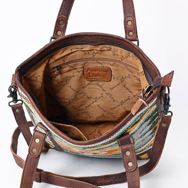 ADBG879 American Darling Western Leather Tote Bag with Turquoise Concho and Hand Woven Saddle Blanket