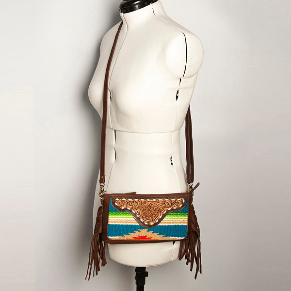 ADBGA188 American Darling Southwestern Wool & Leather Fringe Crossbody Bag with Hand-Tooled Flap